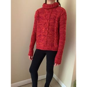 Burnt orange with purple turtleneck sweater